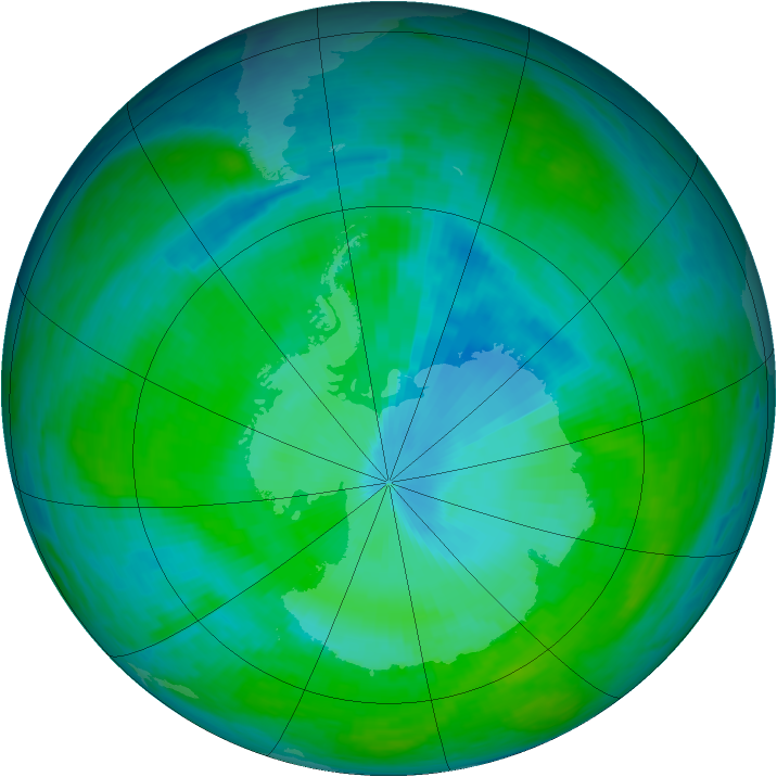 Antarctic ozone map for 25 December 1990